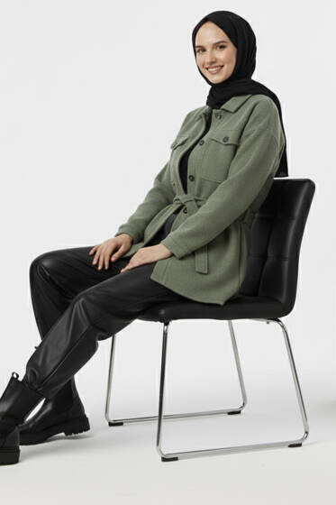 Kuşaklı Düğmeli Kaşe Ceket Mint - Ceket
