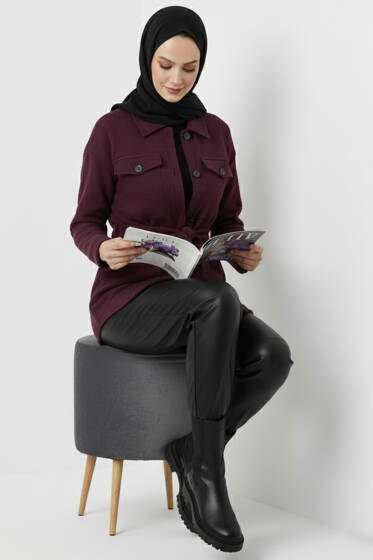 Kuşaklı Düğmeli Kaşe Ceket Mor - Ceket