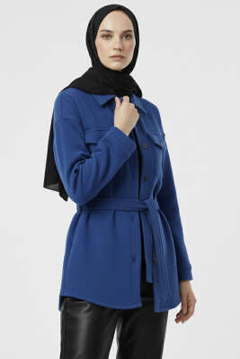 Kuşaklı Düğmeli Kaşe Ceket Saks - 700-1000 TL Ürünler