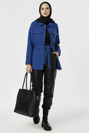 Kuşaklı Düğmeli Kaşe Ceket Saks - Ceket