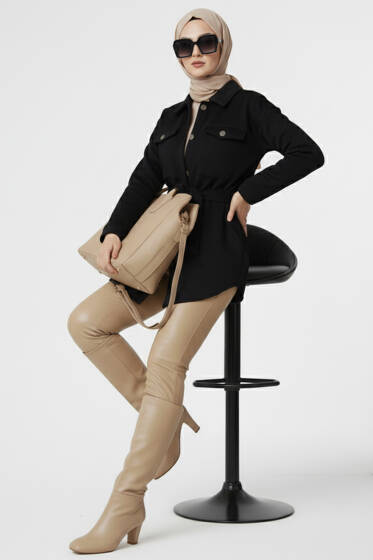 Kuşaklı Düğmeli Kaşe Ceket Siyah - Ceket