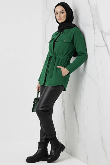Kuşaklı Düğmeli Kaşe Ceket Zümrüt - Ceket