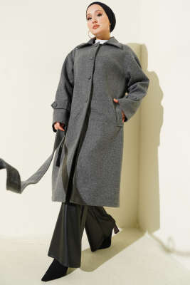 Kuşaklı Düğmeli Kaşe Kaban Füme - MUSTİ