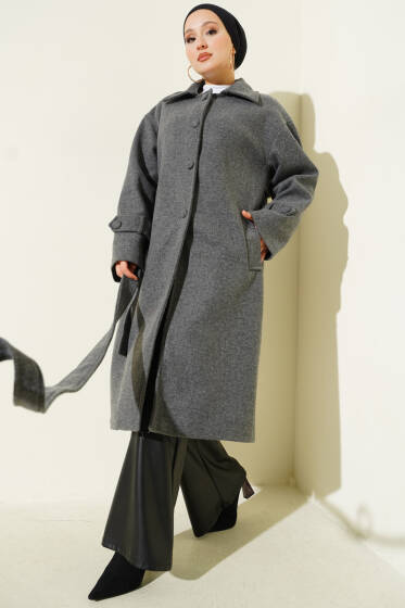 Kuşaklı Düğmeli Kaşe Kaban Füme - Kaban