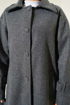 Kuşaklı Düğmeli Kaşe Kaban Füme - Kaban