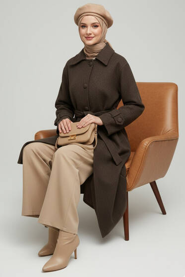 Kuşaklı Düğmeli Kaşe Kaban Acı Kahve - Kaban