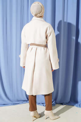 Kuşaklı Düğmeli Kaşe Kaban Ekru - Kaban