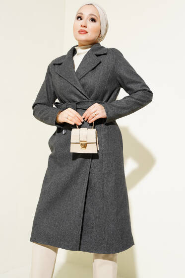 	 Kuşaklı Düğmeli Kaşe Kaban Füme - Kaban