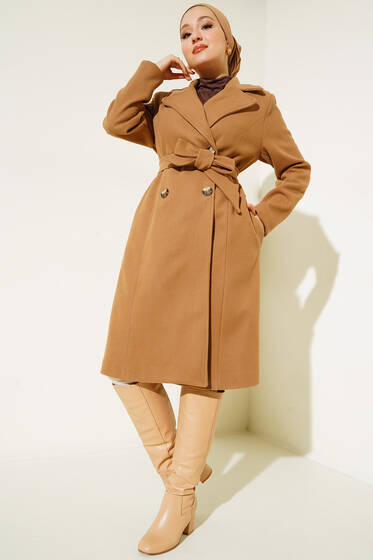 Kuşaklı Düğmeli Kaşe Kaban Latte - Kaban