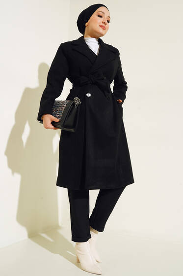 Kuşaklı Düğmeli Kaşe Kaban Siyah - Kaban