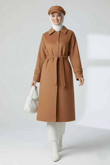 Kuşaklı Düğmeli Kaşe Kaban Taba - Kaban