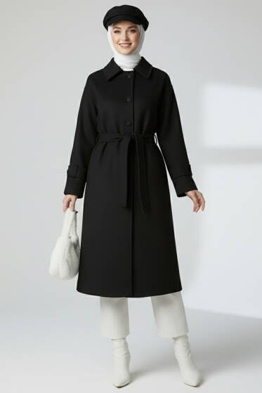 Kuşaklı Düğmeli Kaşe Kaban Siyah - Kaban