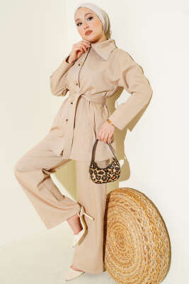 Kuşaklı Düğmeli Kot İkili Takım Bej - HATUN