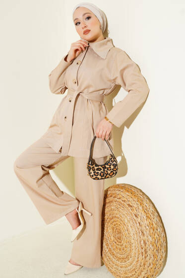 Kuşaklı Düğmeli Kot İkili Takım Bej - İkili Takım