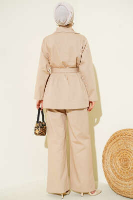 Kuşaklı Düğmeli Kot İkili Takım Bej - İkili Takım
