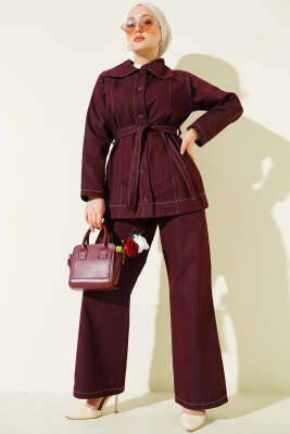 Kuşaklı Düğmeli Kot İkili Takım Bordo - HATUN