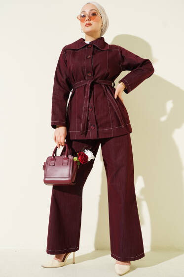 Kuşaklı Düğmeli Kot İkili Takım Bordo - İkili Takım