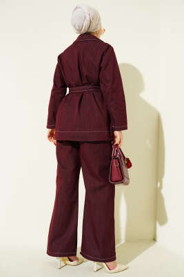 Kuşaklı Düğmeli Kot İkili Takım Bordo - İkili Takım