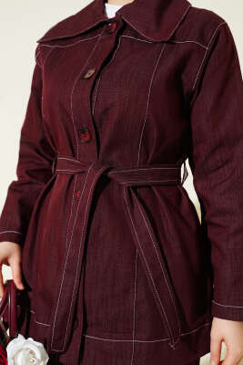 Kuşaklı Düğmeli Kot İkili Takım Bordo - İkili Takım