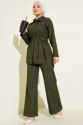 Kuşaklı Düğmeli Kot İkili Takım Haki - HATUN