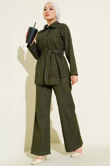 Kuşaklı Düğmeli Kot İkili Takım Haki - İkili Takım