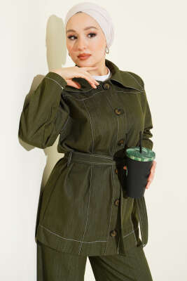 Kuşaklı Düğmeli Kot İkili Takım Haki - İkili Takım