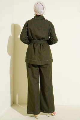 Kuşaklı Düğmeli Kot İkili Takım Haki - İkili Takım