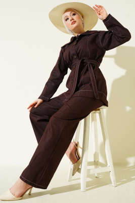 Kuşaklı Düğmeli Kot İkili Takım Kahve - HATUN