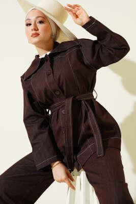 Kuşaklı Düğmeli Kot İkili Takım Kahve - İkili Takım