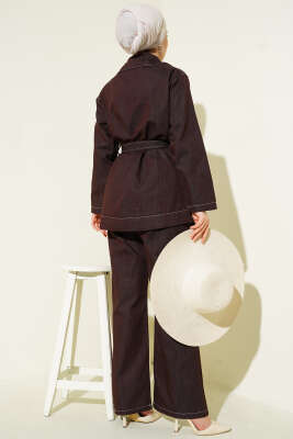 Kuşaklı Düğmeli Kot İkili Takım Kahve - İkili Takım