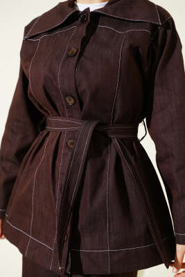 Kuşaklı Düğmeli Kot İkili Takım Kahve - İkili Takım