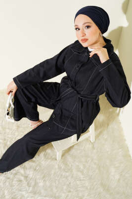 Kuşaklı Düğmeli Kot İkili Takım Lacivert - HATUN