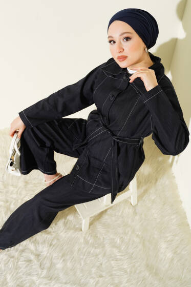 Kuşaklı Düğmeli Kot İkili Takım Lacivert - İkili Takım