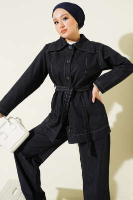 Kuşaklı Düğmeli Kot İkili Takım Lacivert - İkili Takım