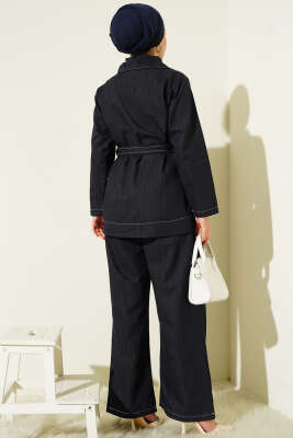 Kuşaklı Düğmeli Kot İkili Takım Lacivert - İkili Takım