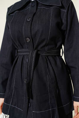 Kuşaklı Düğmeli Kot İkili Takım Lacivert - İkili Takım