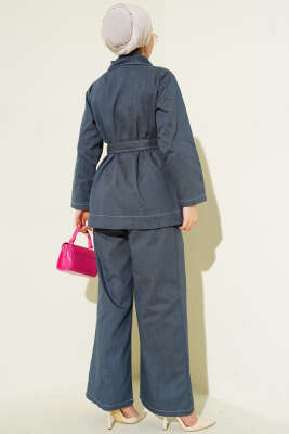 Kuşaklı Düğmeli Kot İkili Takım Petrol - İkili Takım