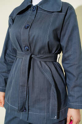 Kuşaklı Düğmeli Kot İkili Takım Petrol - İkili Takım