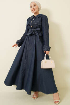 Kuşaklı Düğmeli Kot Jile İkili Takım İndigo - MUSTİ