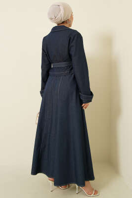 Kuşaklı Düğmeli Kot Jile İkili Takım İndigo - İkili Takım