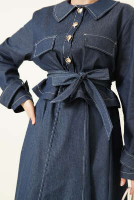 Kuşaklı Düğmeli Kot Jile İkili Takım İndigo - İkili Takım