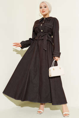 Kuşaklı Düğmeli Kot Jile İkili Takım Kahve - MUSTİ