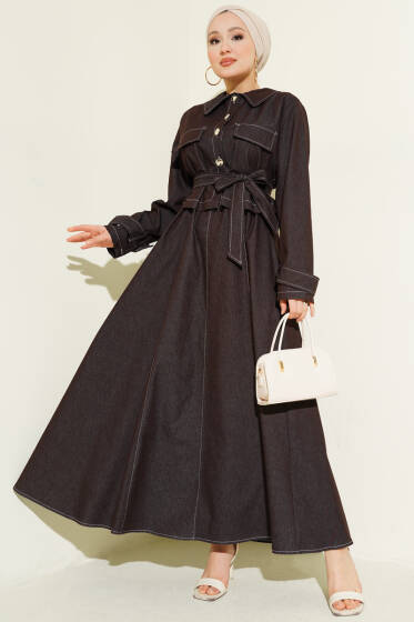 Kuşaklı Düğmeli Kot Jile İkili Takım Kahve - İkili Takım