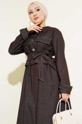 Kuşaklı Düğmeli Kot Jile İkili Takım Kahve - İkili Takım