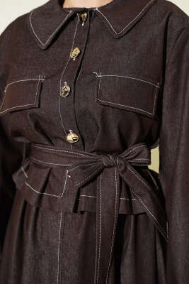 Kuşaklı Düğmeli Kot Jile İkili Takım Kahve - İkili Takım