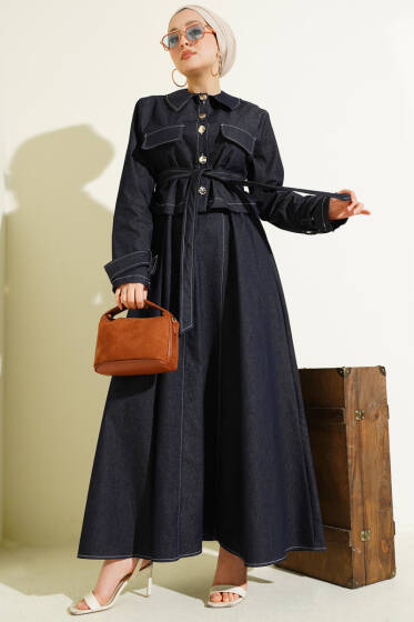 Kuşaklı Düğmeli Kot Jile İkili Takım Lacivert - İkili Takım