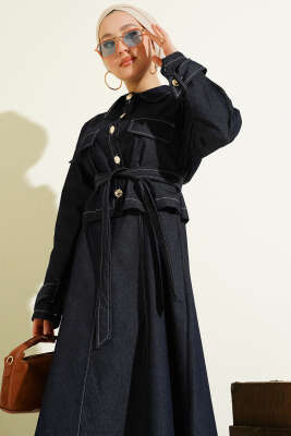 Kuşaklı Düğmeli Kot Jile İkili Takım Lacivert - İkili Takım