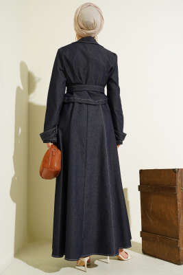 Kuşaklı Düğmeli Kot Jile İkili Takım Lacivert - İkili Takım