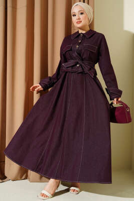 Kuşaklı Düğmeli Kot Jile İkili Takım Mürdüm - MUSTİ