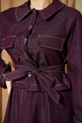 Kuşaklı Düğmeli Kot Jile İkili Takım Mürdüm - İkili Takım